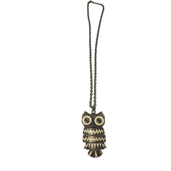 Vintage enamel Owl necklace pendant reticulated 60s 70s black white MCM retro - Picture 1 of 10